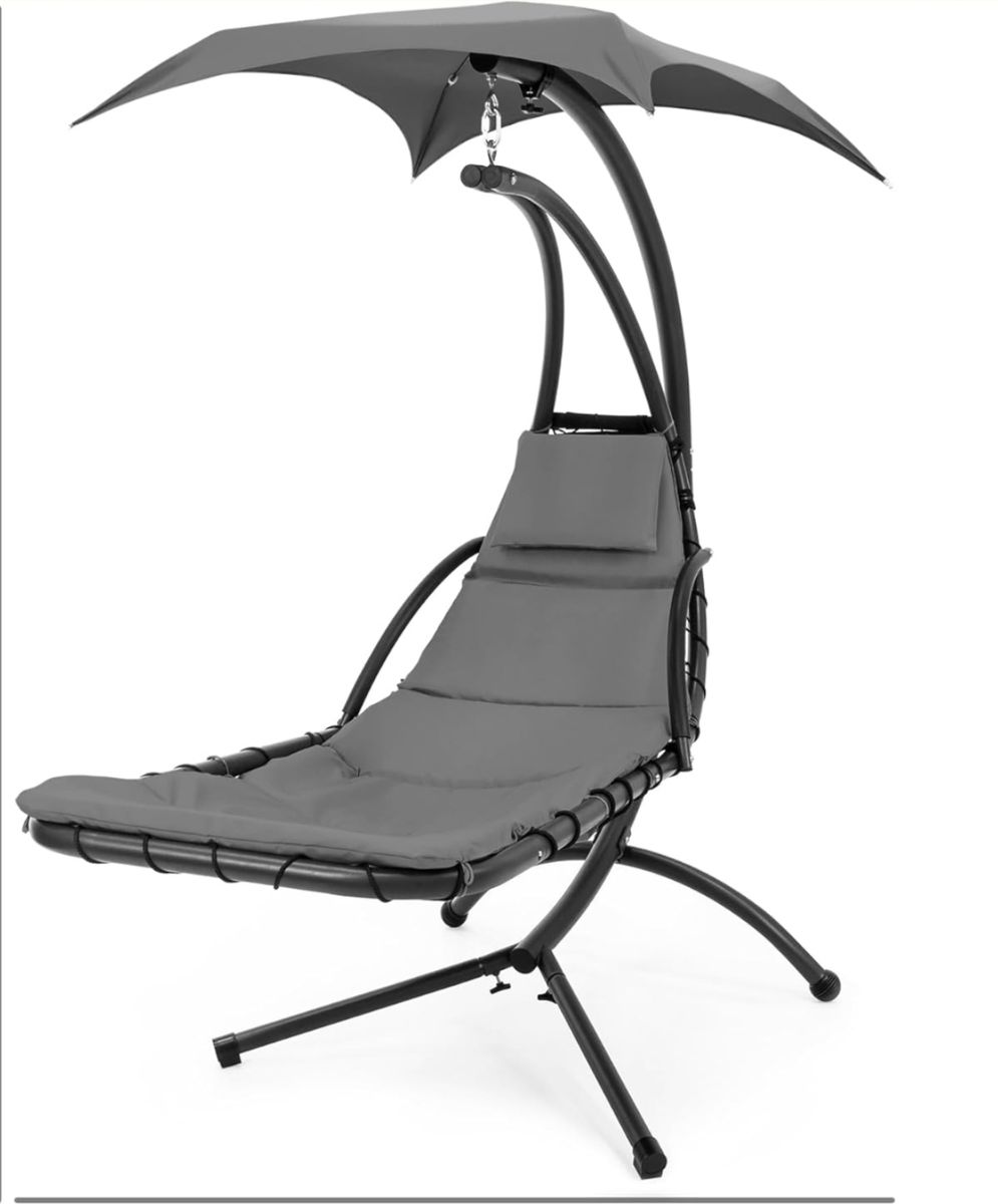Outdoor Hanging Curved Steel Chaise Lounge Chair Swing w/Built-in Pillow and Removable Canopy - Charcoal Gray