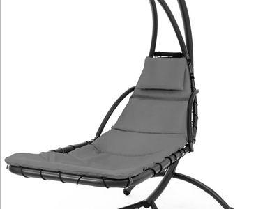 Outdoor Hanging Curved Steel Chaise Lounge Chair Swing w/Built-in Pillow and Removable Canopy - Charcoal Gray
