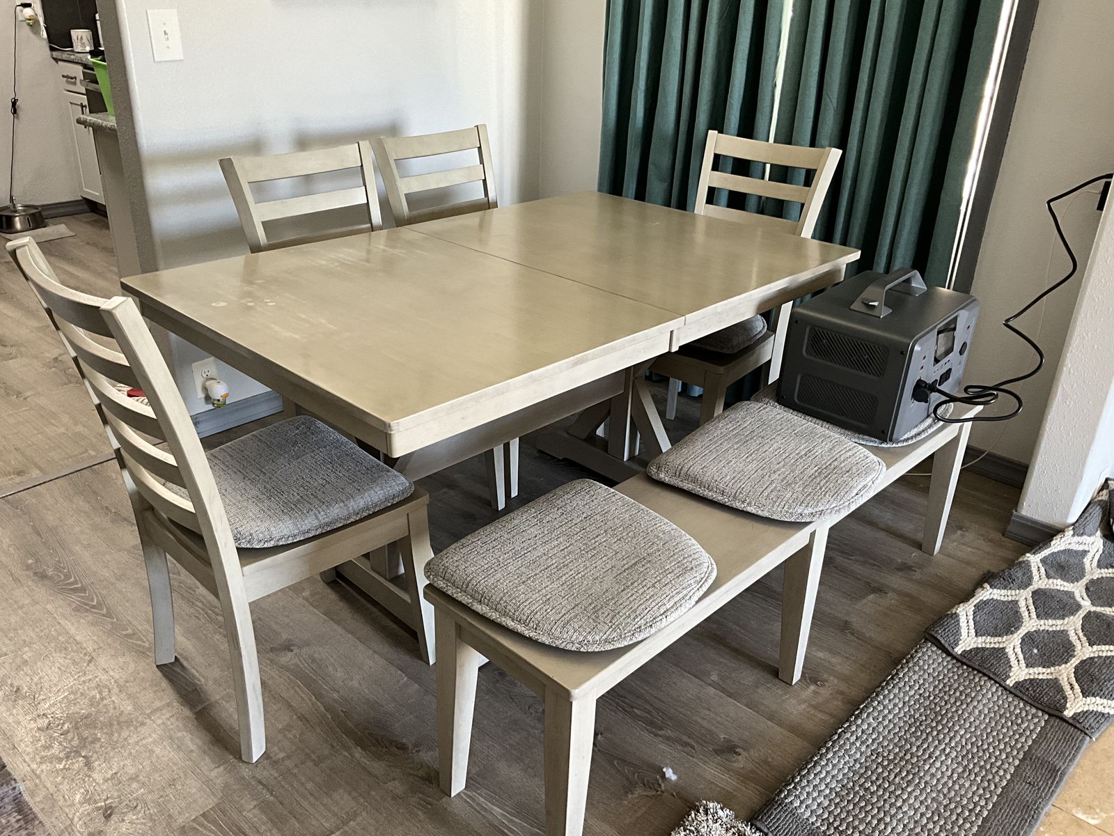 Expandable Dining Table Set with 3 Chairs and Bench - Light Wood Finish, Seats 6