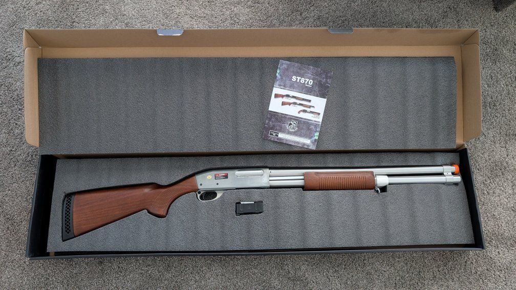 S&T ST870 Airsoft Pump Action Shotgun with Faux Wood Furniture - Realistic Airsoft Rifle