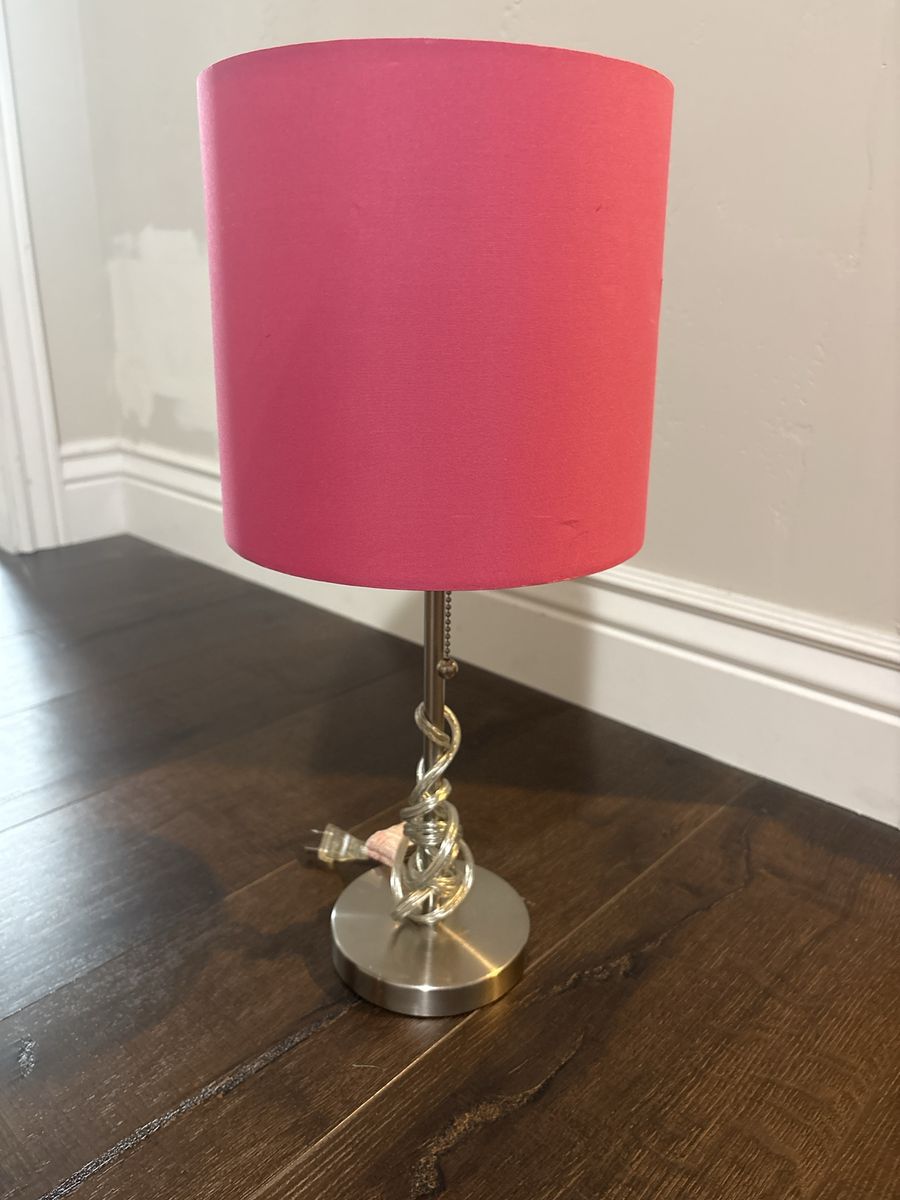 Pink Fabric Drum Shade Table Lamp with Brushed Metal Spiral Base