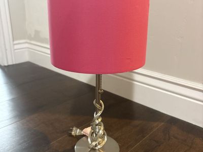 Pink Fabric Drum Shade Table Lamp with Brushed Metal Spiral Base