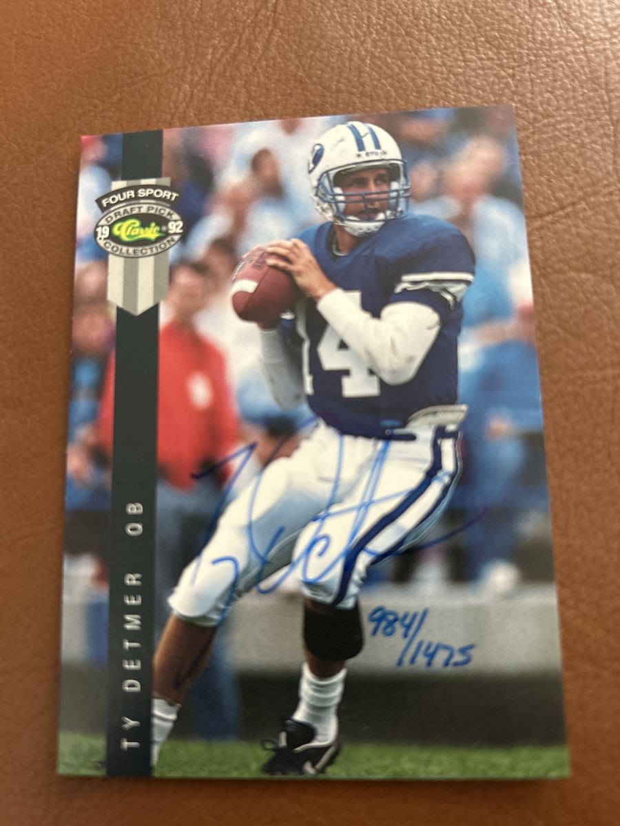 1992 Classic Draft Pick Ty Detmer Autographed Football Card - #984/1475 BYU Cougars Quarterback Hand Signed Rookie Card Auto RC