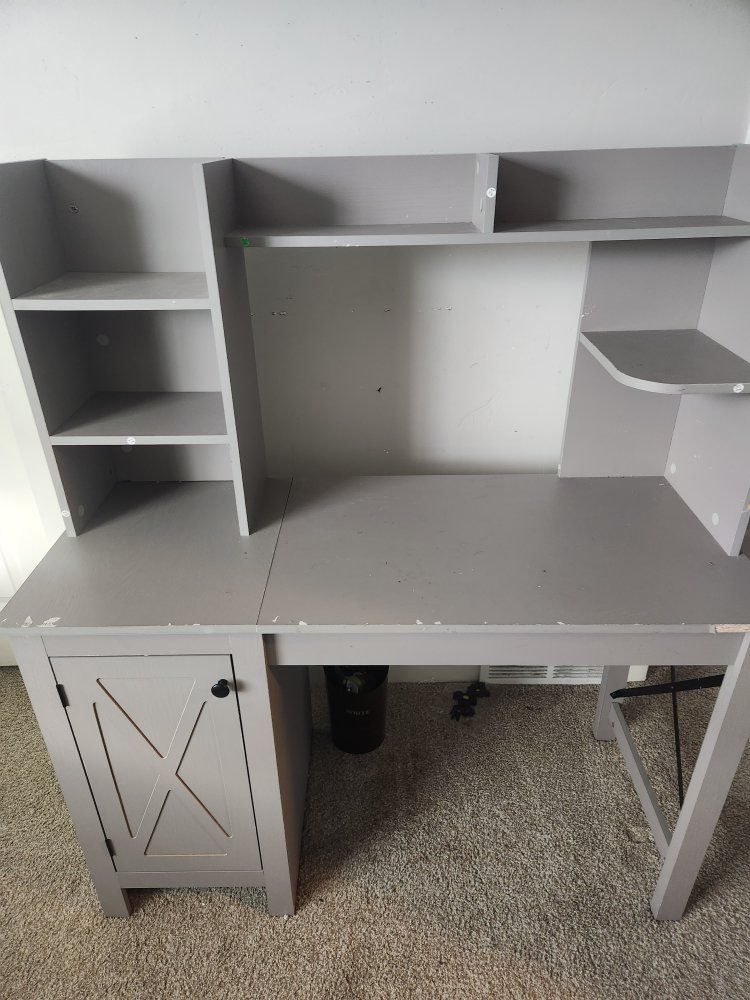 Kids Gray Desk with Hutch and Storage, Farmhouse Style, Used