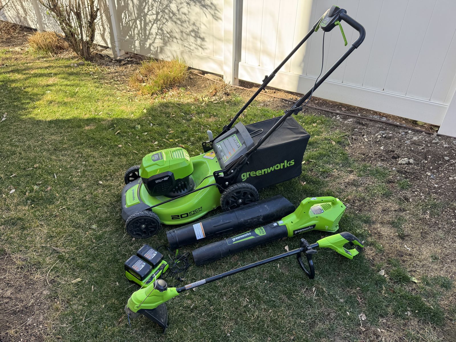 Greenworks 48V Electric Mower + String Trimmer + Leaf Blower Combo with 2 Batteries and Charger