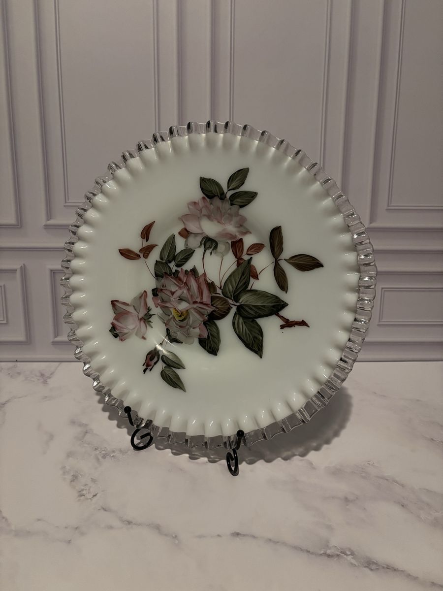 Fenton Silver Crest Charleston Rose Hand Painted 12” Plate / Platter