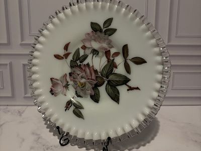 Fenton Silver Crest Charleston Rose Hand Painted 12” Plate / Platter