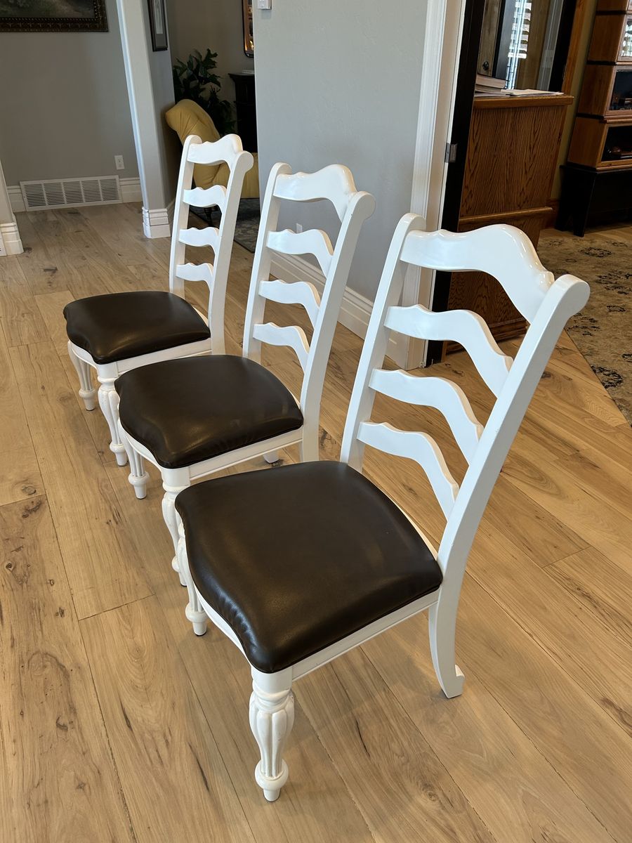 Set of 3 White Wooden Ladder Back Dining Chairs with Dark Brown Faux Leather Seats