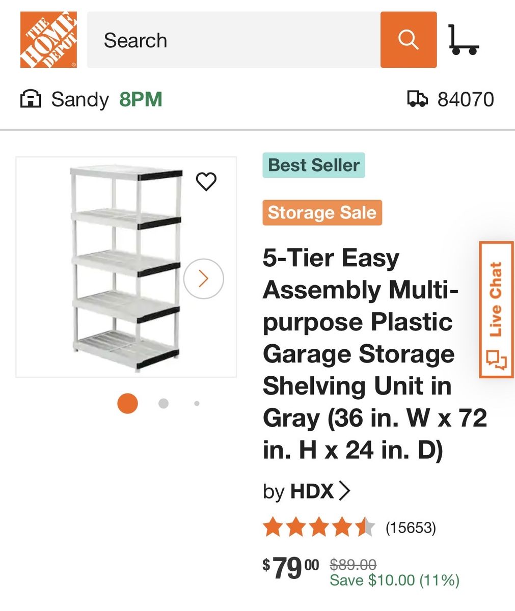 HDX 5-Tier Easy Assembly Multi-purpose Plastic Garage Storage Shelving Unit, 36"W x 72"H x 24"D, Gray