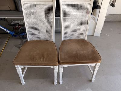 Set of 2 Vintage Distressed White Cane Back Dining Chairs with Brown Velvet Seats