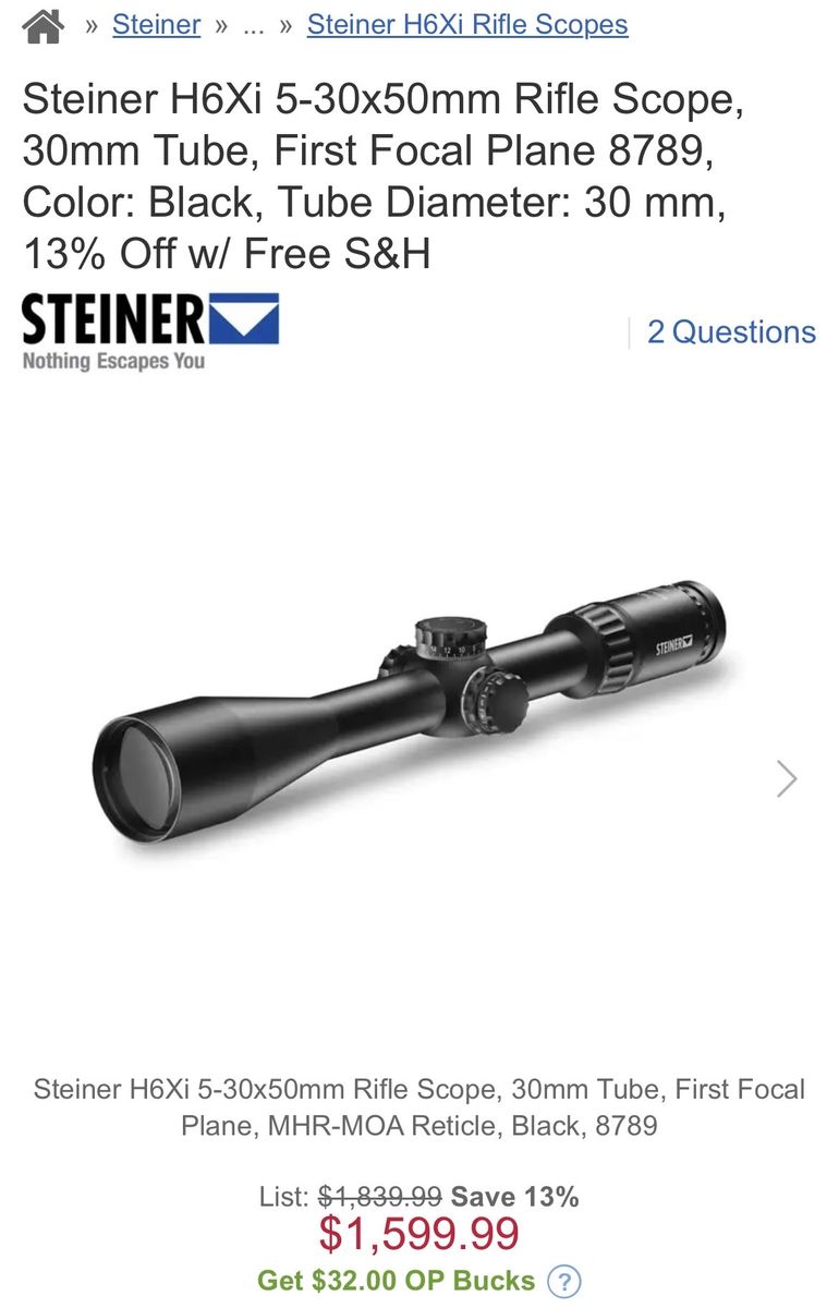 Steiner H6Xi 5-30x50mm Rifle Scope 30mm Tube Black First Focal Plane Optic
