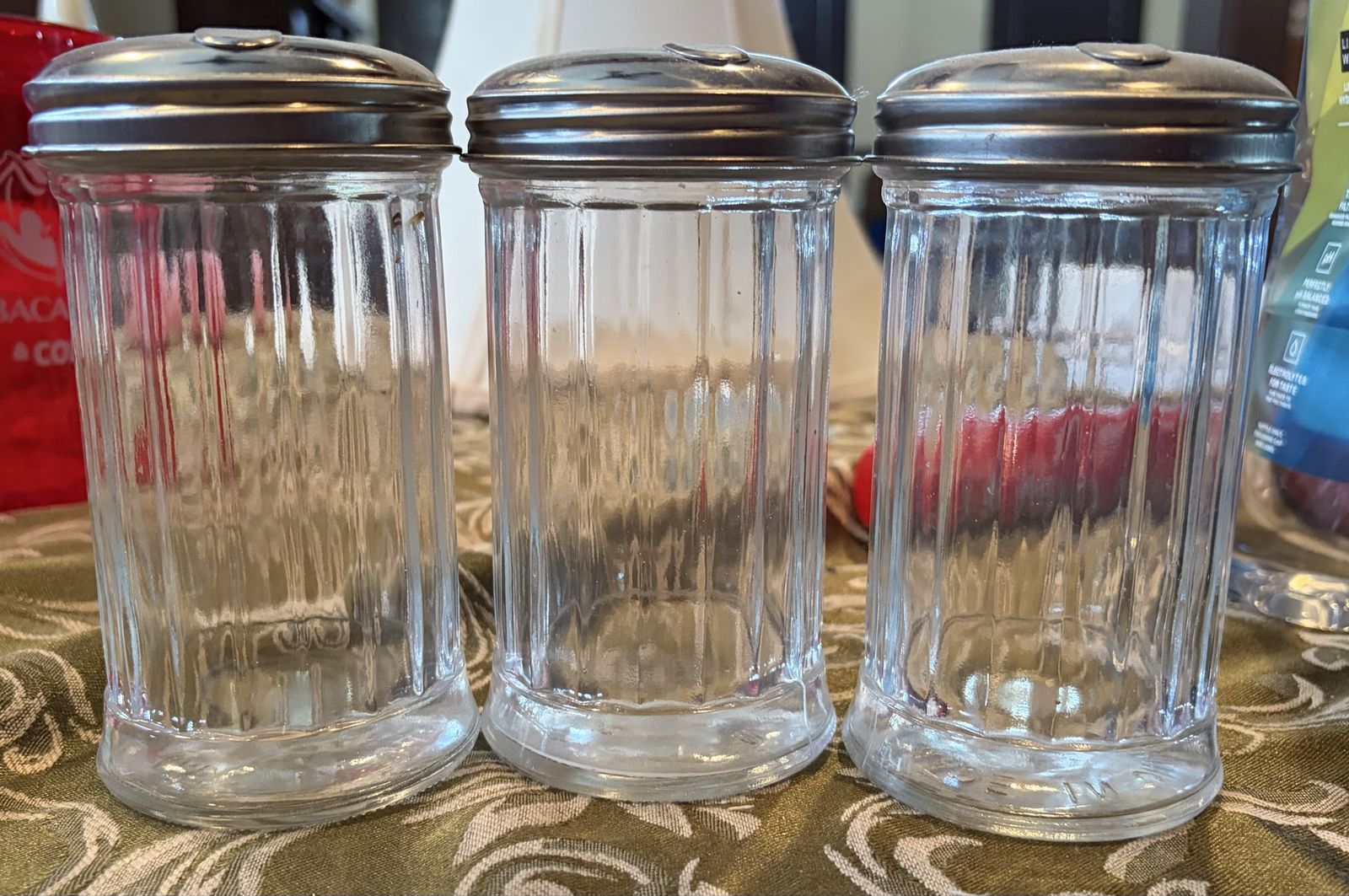 Set of 3 Vintage Ribbed Glass Sugar Dispensers with Stainless Steel Tops