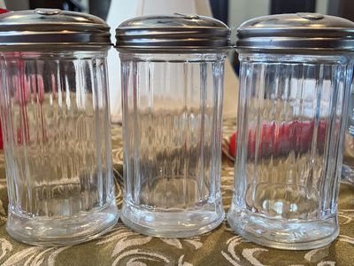 Set of 3 Vintage Ribbed Glass Sugar Dispensers with Stainless Steel Tops