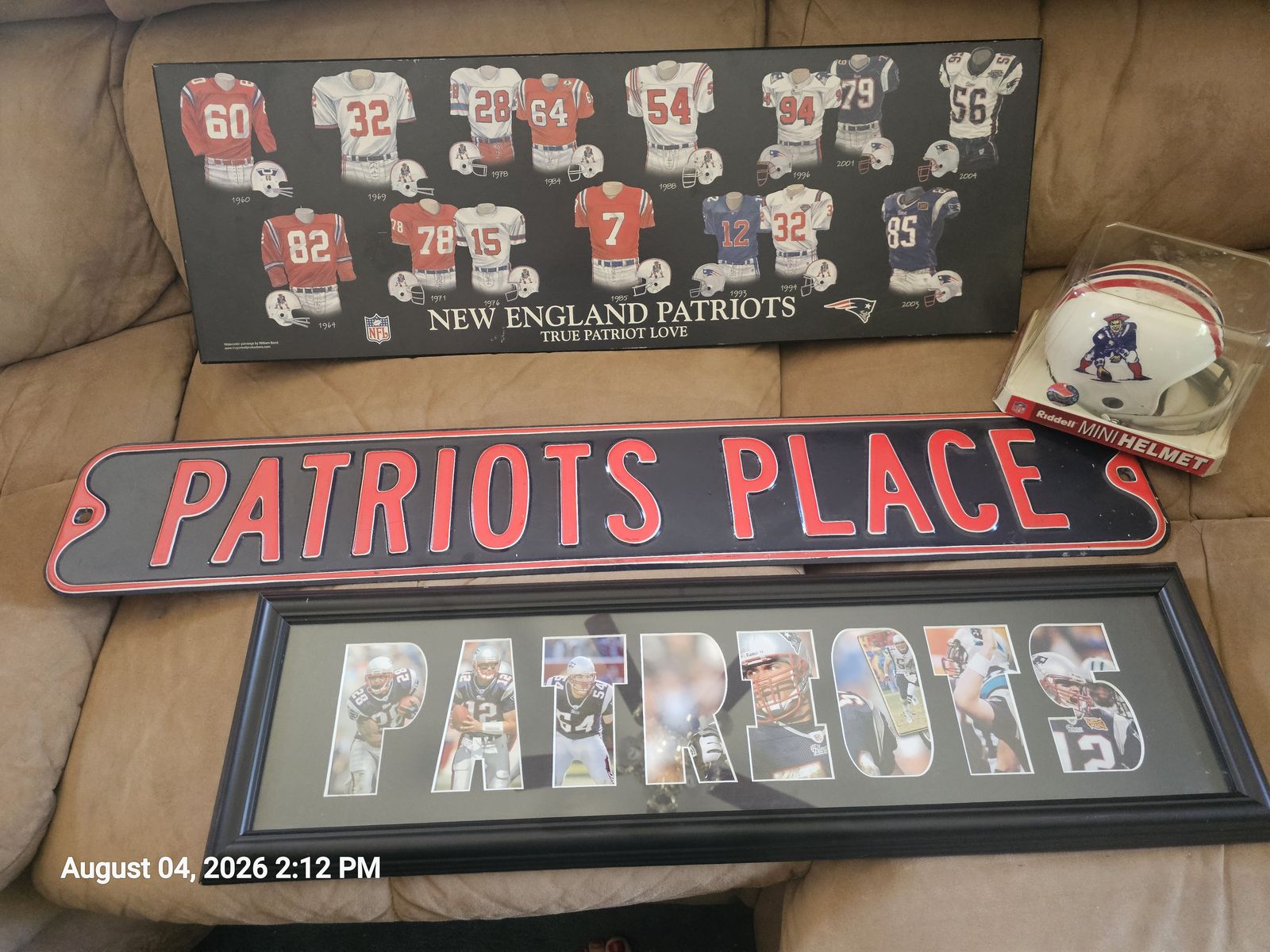 New England Patriots Memorabilia Lot - Riddell Mini Helmet, Metal Street Sign, Framed Prints