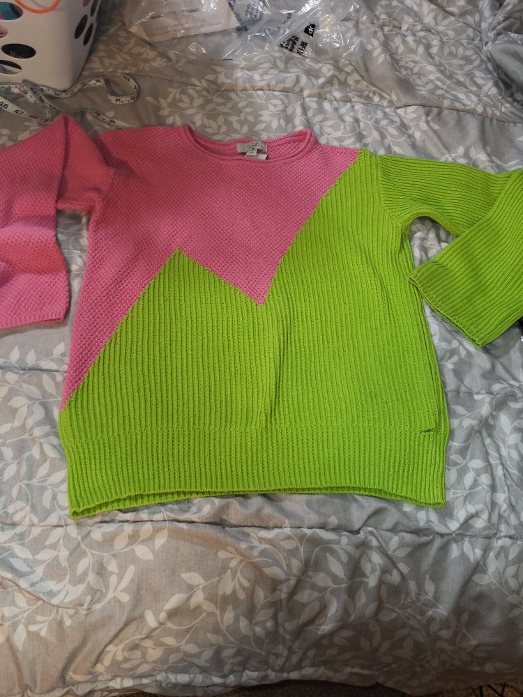 Bright Pink & Green Color Block Sweater - Ladies Small