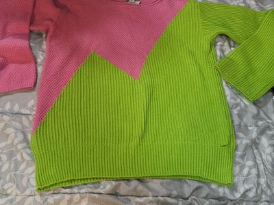 Bright Pink & Green Color Block Sweater - Ladies Small
