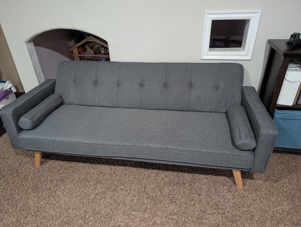 Grey Fabric Futon Sofa Bed with Wood Legs - Convertible Sleeper for Small Spaces, Excellent Condition