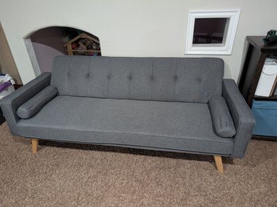 Grey Fabric Futon Sofa Bed with Wood Legs - Convertible Sleeper for Small Spaces, Excellent Condition