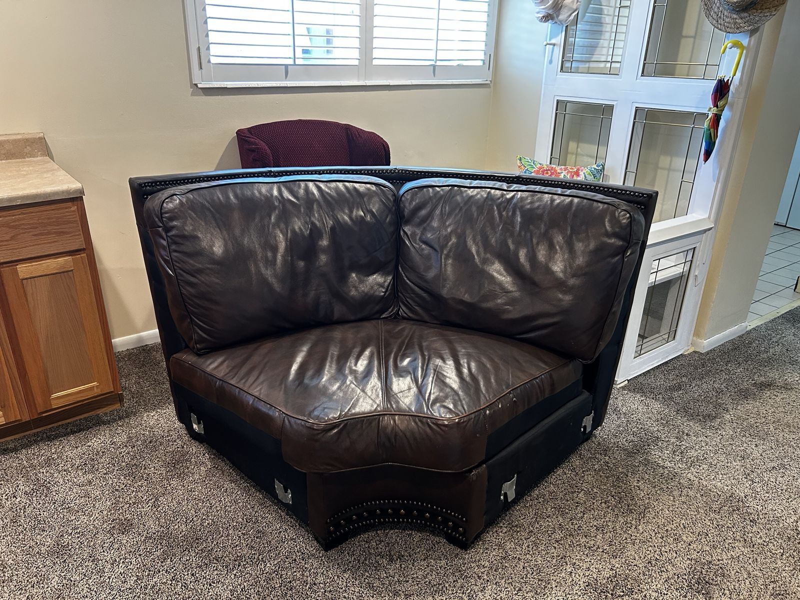 Large Brown Leather Sectional Sofa Set with Nailhead Trim