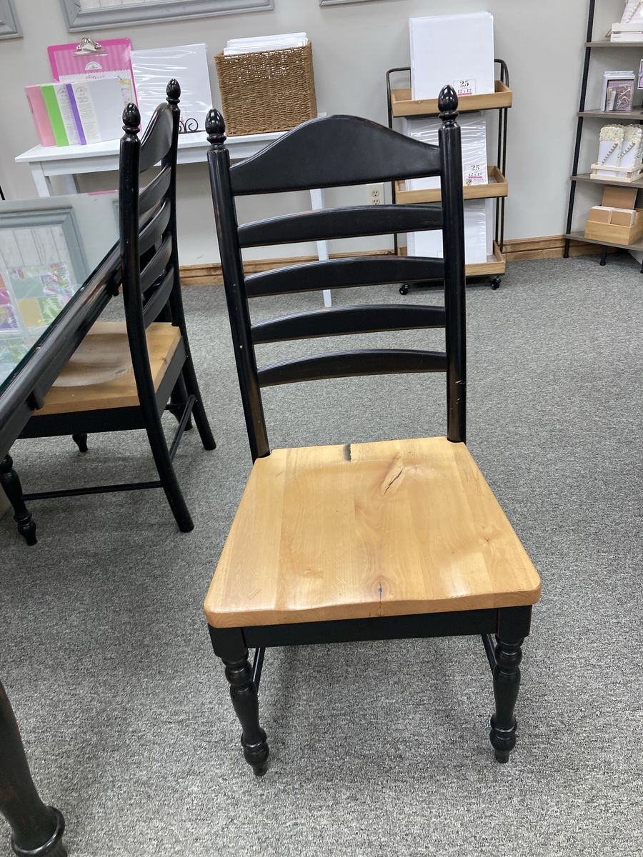 Distressed Black Wood Dining Table with Glass Top & 4 Chairs - Rustic Farmhouse Style