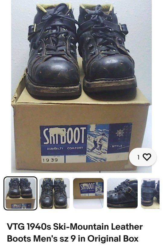 Vtg 1940's Ski Mountain Leather Boots size 9 in Original Box