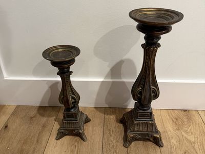 Ornate Bronze Tone Pillar Candle Holders - Set of 2, Various Sizes - Home Decor