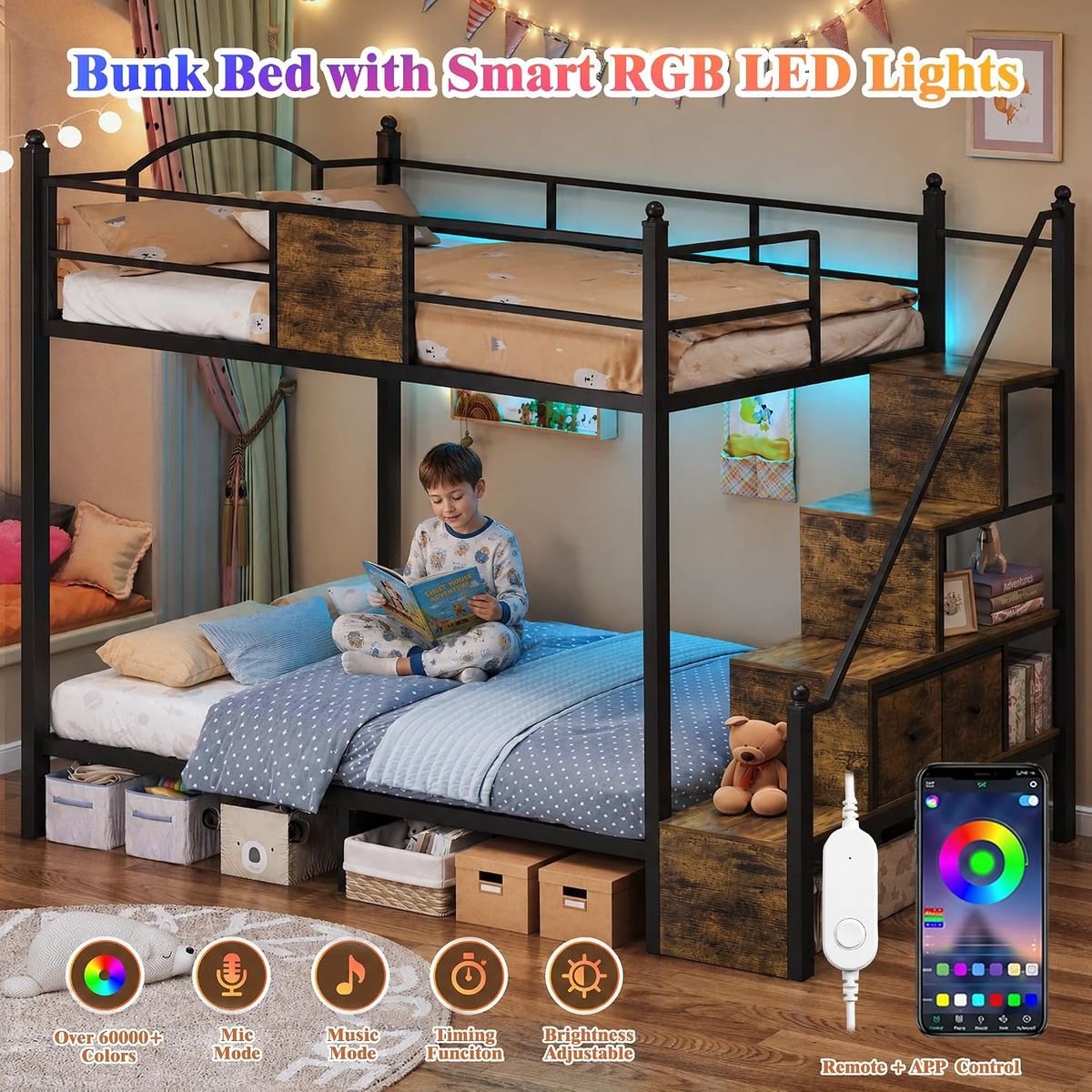 Bunk Bed Twin Over Twin with Storage - Staircase - RGB LED Lights - No Box Spring Needed