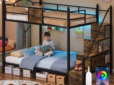 Bunk Bed Twin Over Twin with Storage - Staircase - RGB LED Lights - No Box Spring Needed