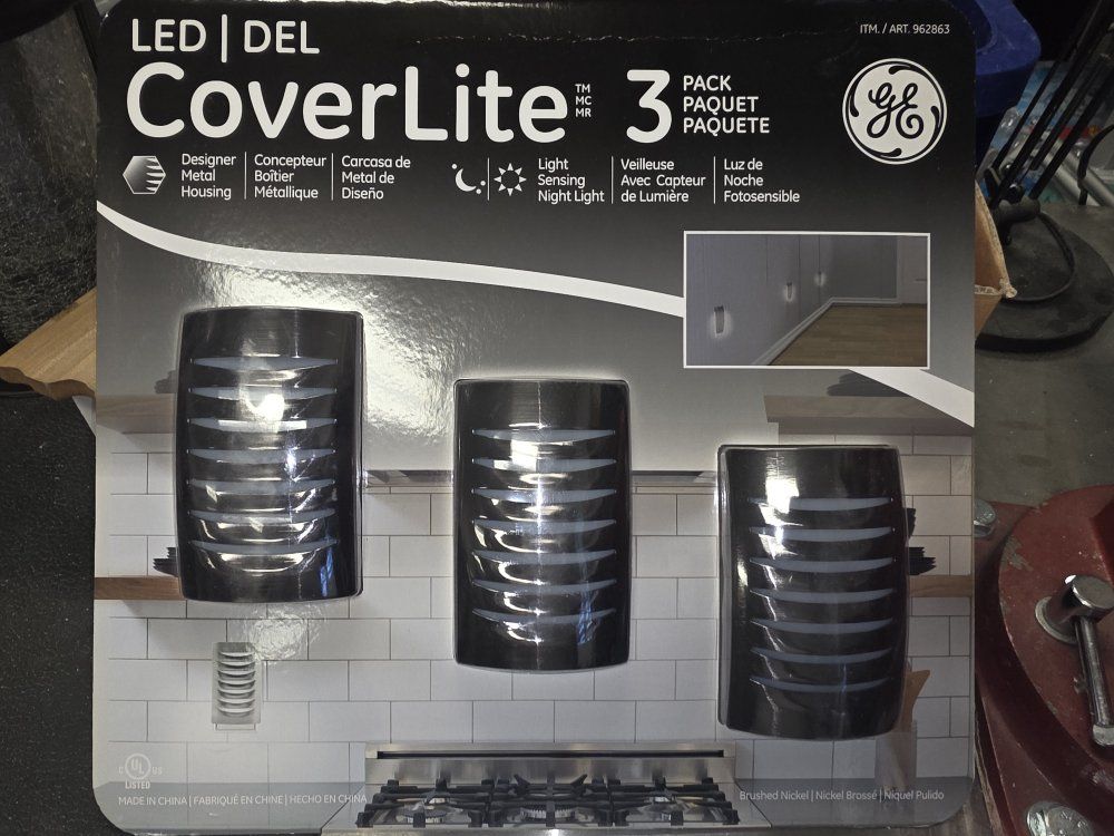 GE CoverLite LED Night Light 3-Pack - Designer Metal Housing, Light Sensing, Brushed Nickel