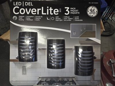 GE CoverLite LED Night Light 3-Pack - Designer Metal Housing, Light Sensing, Brushed Nickel
