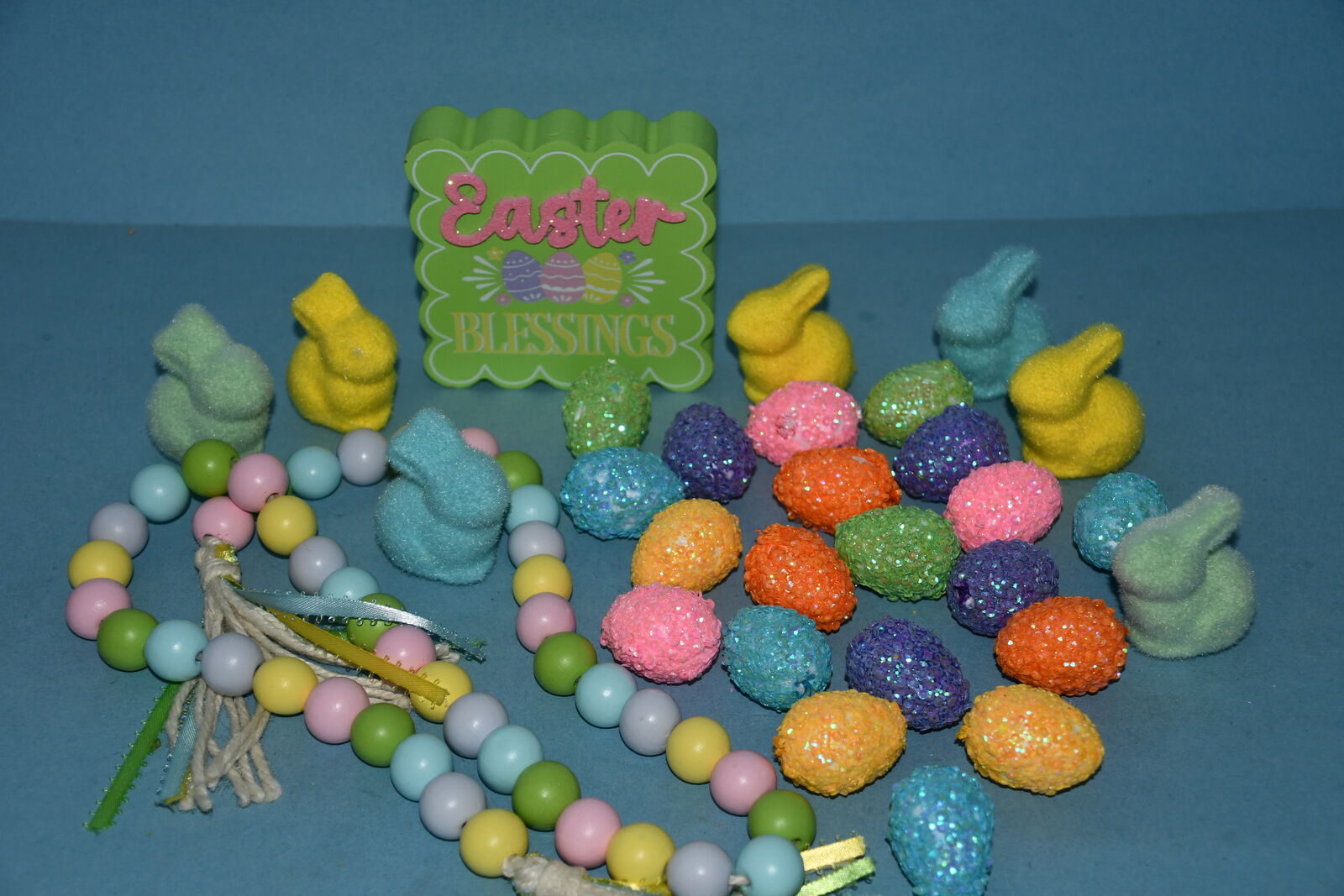 Set of EASTER DECOR ITEMS ~ FLOCKED BUNNY RABBITS, SPARKLY EGGS, BEADS, SIGN ~ CLEAN ~ ALL FOR $5