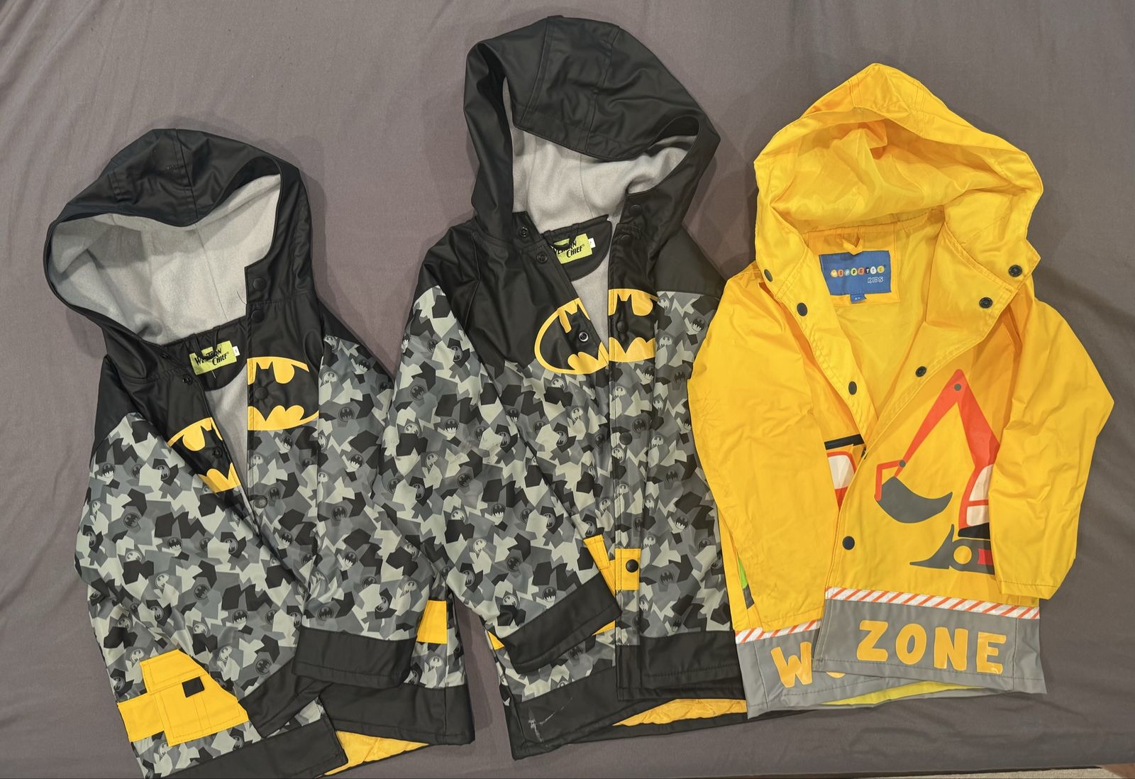 Lot of 3 Kids Rain Jackets - Western Chief Batman Camo & Yellow Construction