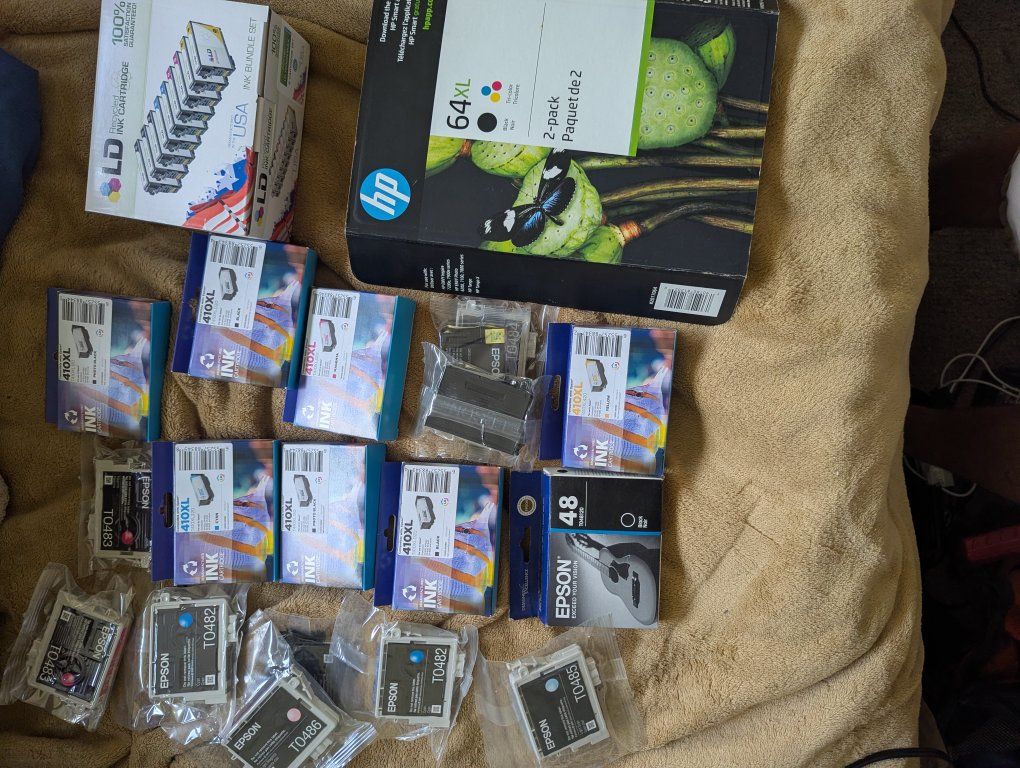 Mixed Lot: HP, Epson, LD Ink Cartridges - 64XL, 410XL, T048X Series for Printers