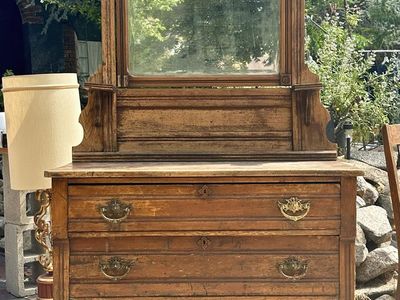 Antique Late-1800s Eastlake Oak Dresser with Carved Mirror & Original Brass Hardware
