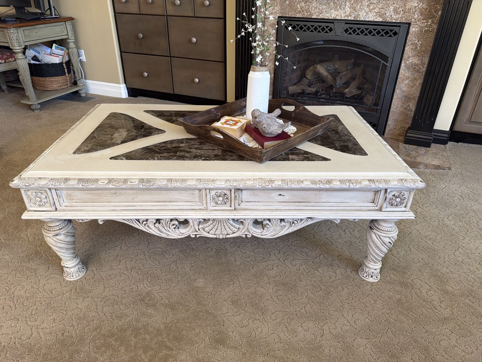 Distressed Coffee Table with Granite Inlay Top