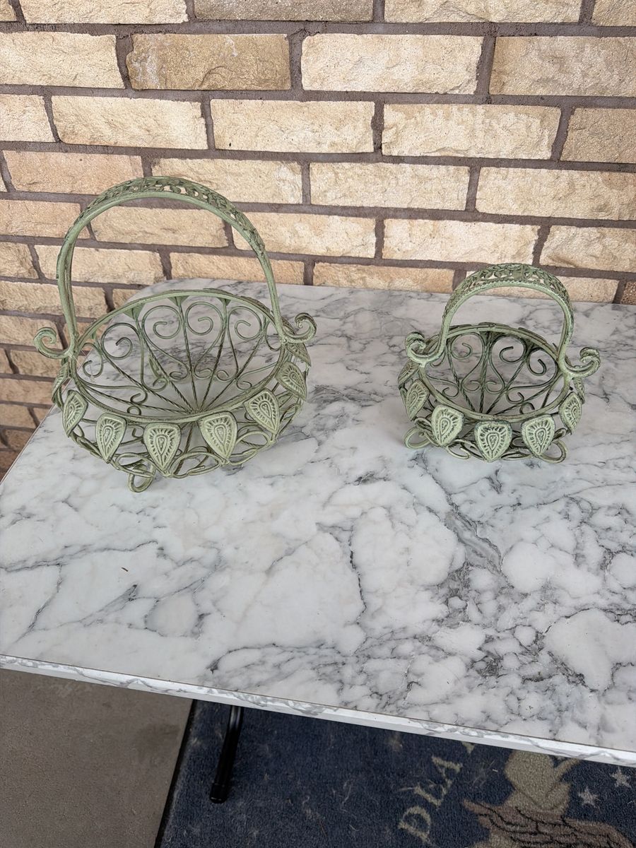 Set of 2 Green Distressed Wrought Iron Baskets - Home Decor, Planters, Storage