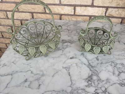 Set of 2 Green Distressed Wrought Iron Baskets - Home Decor, Planters, Storage
