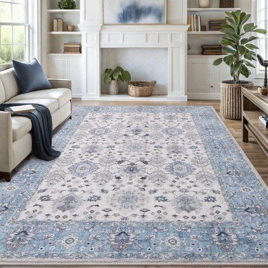 New Vanmoos 6' x 9' Boho Machine Washable Area Rug - Cozy Elegance Blue Non-Slip