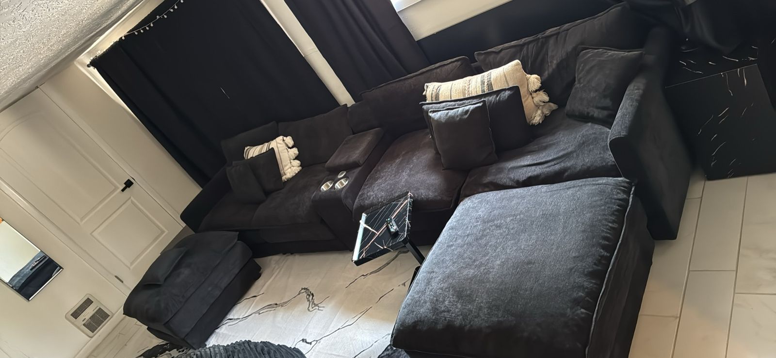 Large Black Fabric Sectional Sofa with Ottoman & Cup Holders