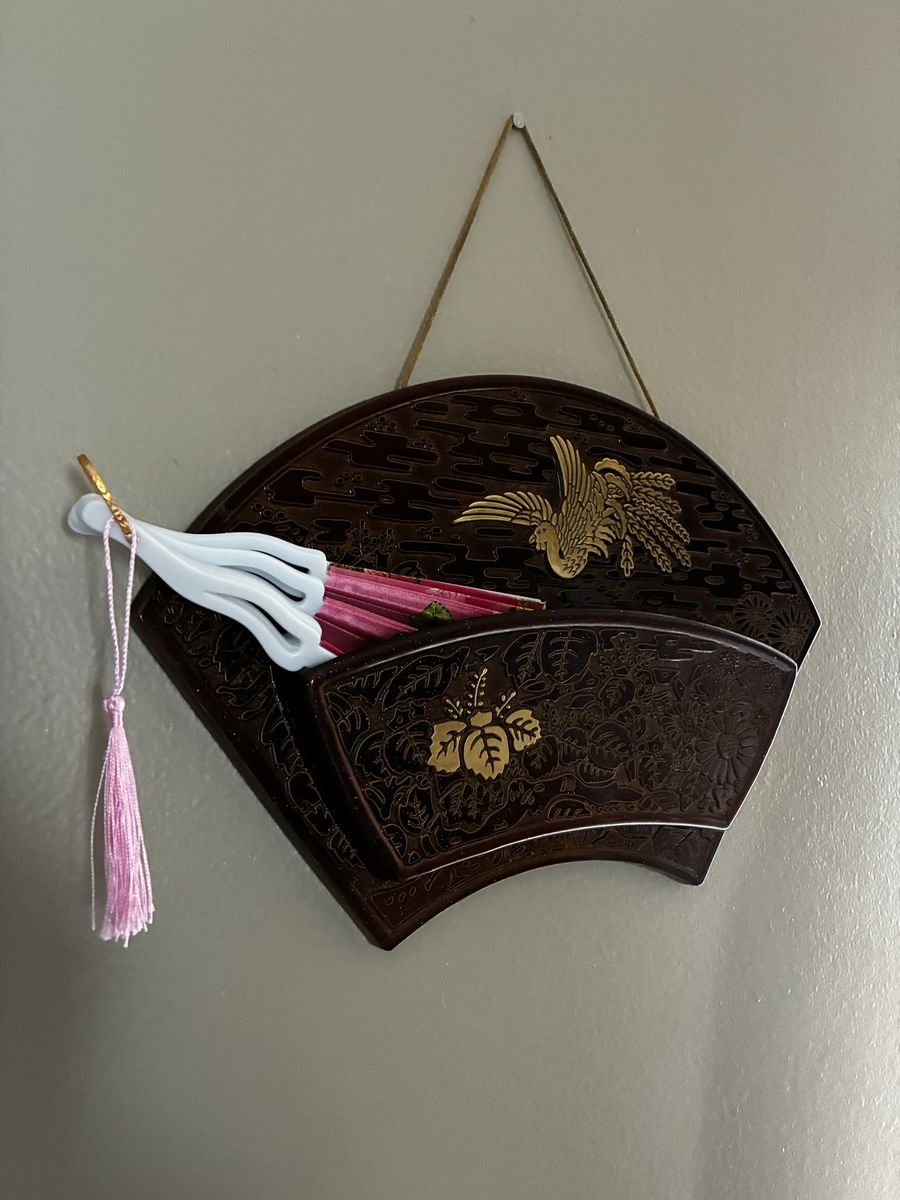 Vintage Japanese Lacquered Wood Fan Wall Hanging with Gold Phoenix & Floral Design