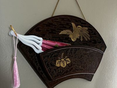 Vintage Japanese Lacquered Wood Fan Wall Hanging with Gold Phoenix & Floral Design