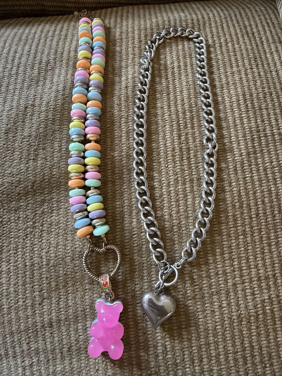 Betsy Johnson Chunky Gummy Bear & Silver Heart Charm Necklaces - Y2K Style Jewelry solid stain stainless steel