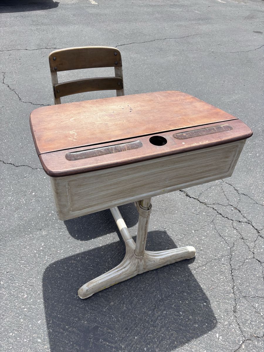 Vintage School Desk & Chair - Wooden Top, Adjustable Height, Rustic White Finish