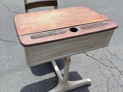 Vintage School Desk & Chair - Wooden Top, Adjustable Height, Rustic White Finish