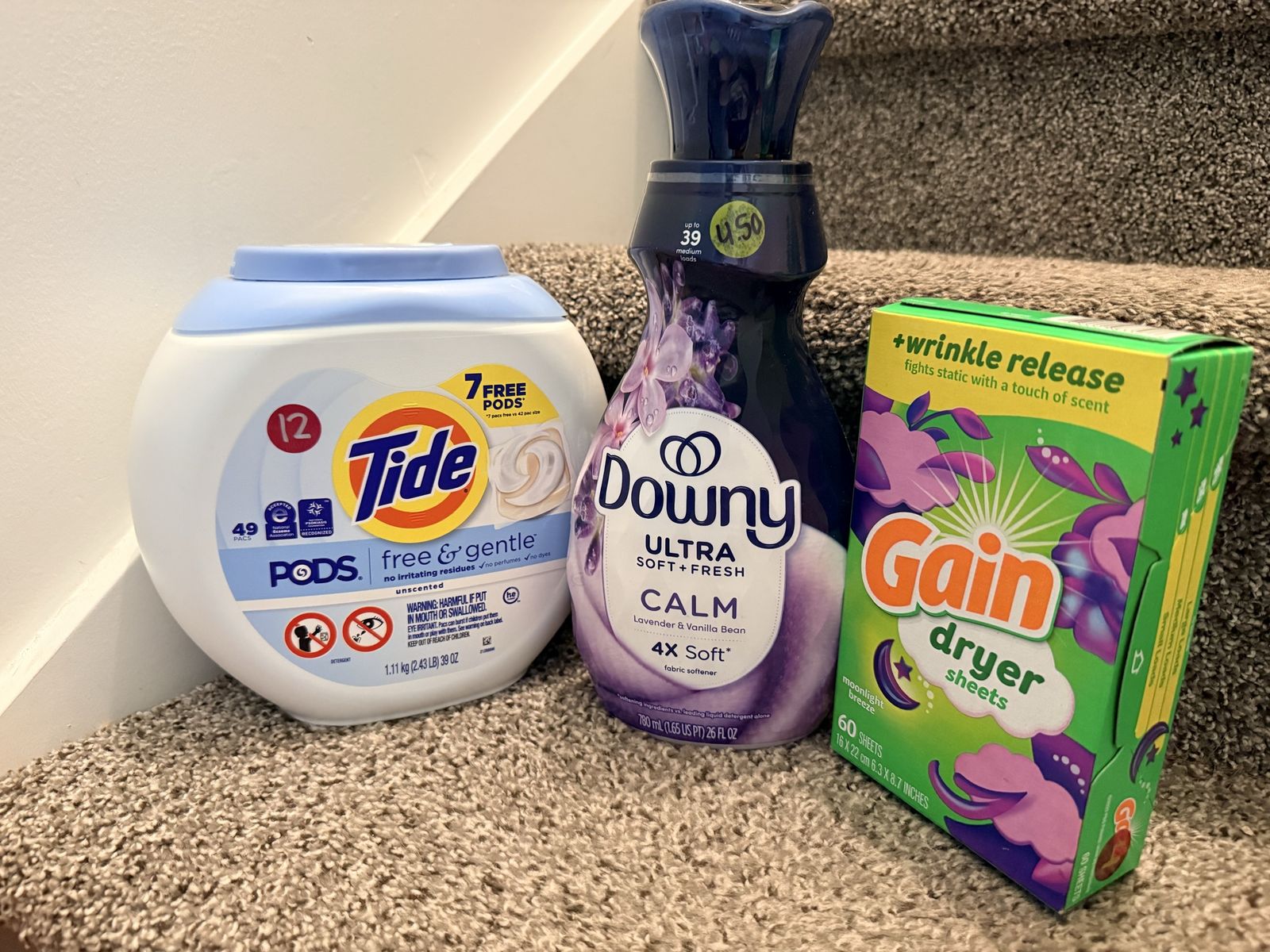 Laundry Essentials Bundle: Tide Pods Free & Gentle (49 ct), Downy Ultra Calm (26oz), Gain Dryer Sheets (60 ct)