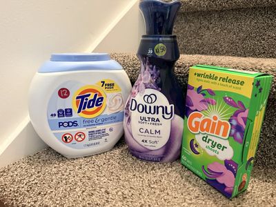 Laundry Essentials Bundle: Tide Pods Free & Gentle (49 ct), Downy Ultra Calm (26oz), Gain Dryer Sheets (60 ct)