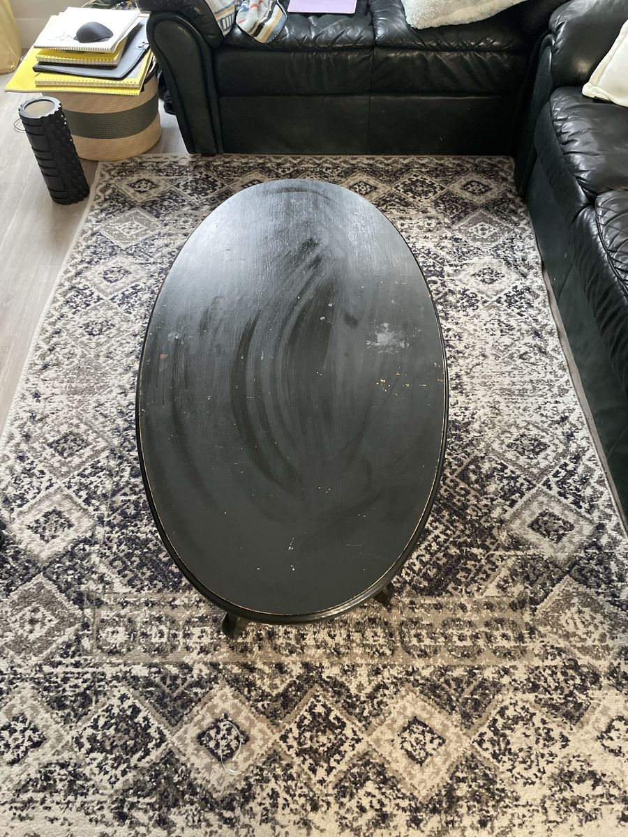 Black Oval Coffee Table with Lower Shelf - Solid Wood Living Room Furniture