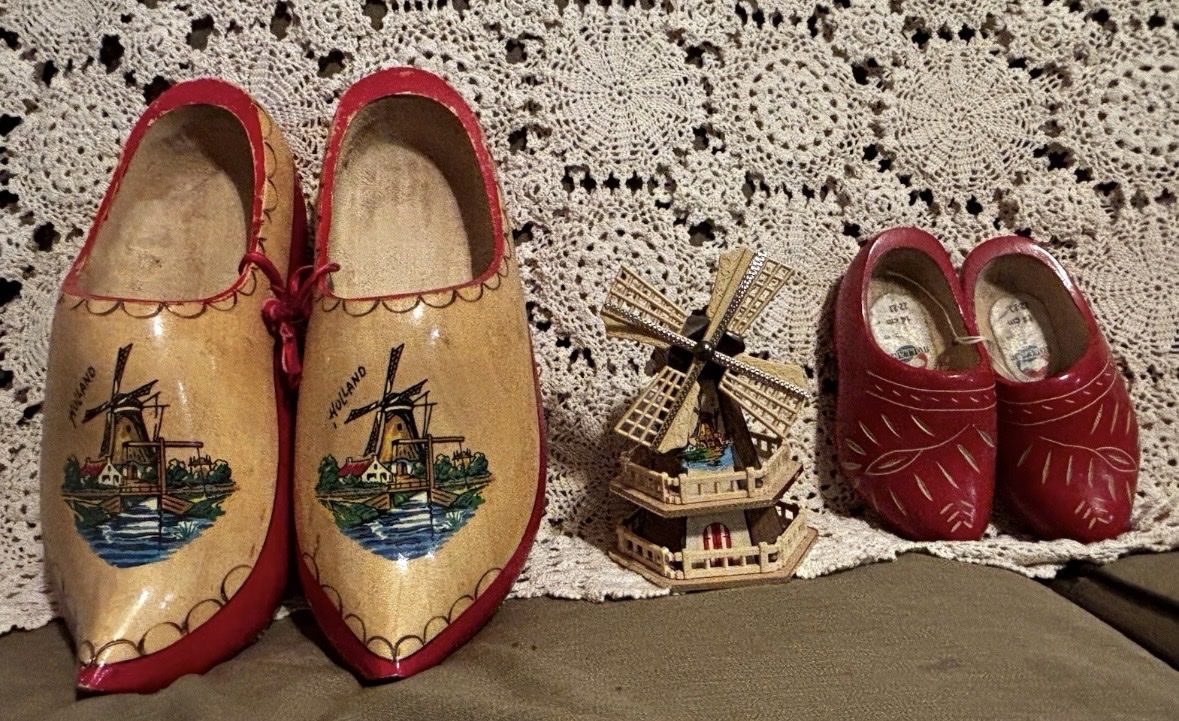 Vintage Pair Wooden Souvenir Clogs Shoes, Holland, Red Trim Windmill Scene