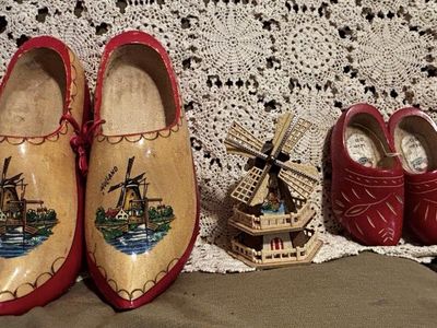 Vintage Pair Wooden Souvenir Clogs Shoes, Holland, Red Trim Windmill Scene