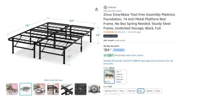 Zinus foldable bed frame - full size